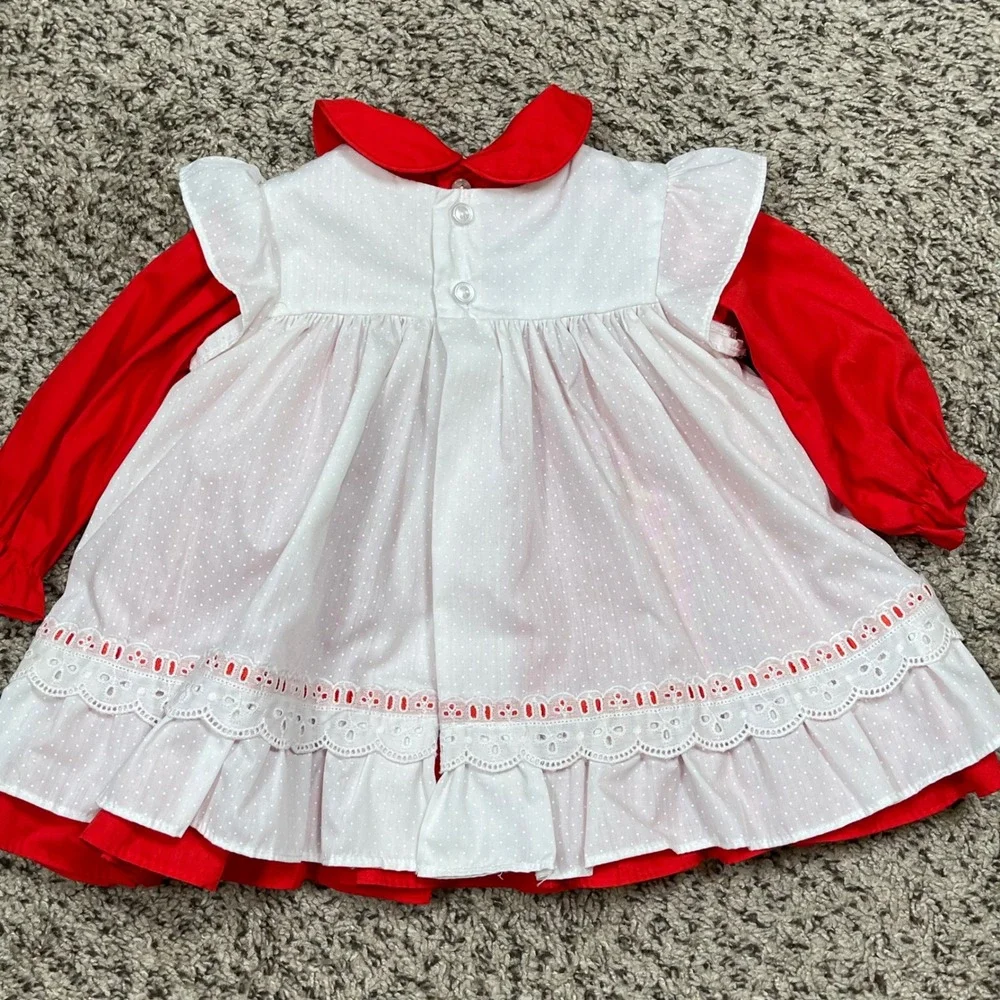 Vintage Polly Flinders Dress Baby Girl 18M Red White Smocked Embroidered Cottage